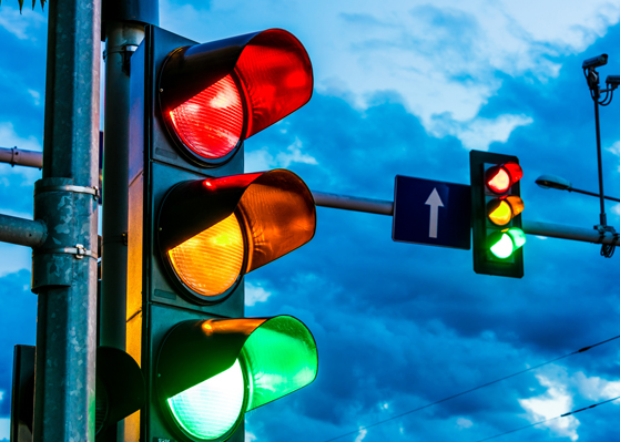 Close up of intersection street lights